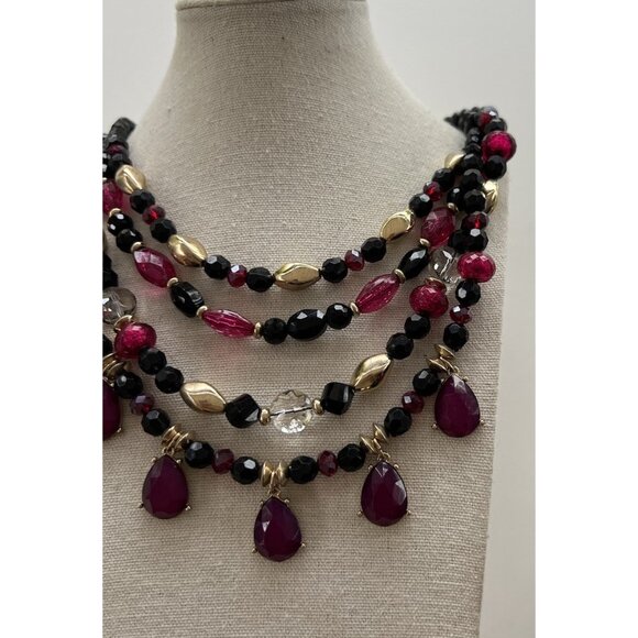 Vintage THE LIMITED 4 Strand Faceted Black Magenta Crystal Women’s Necklace 22” - Picture 2 of 12